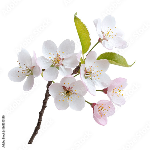 Cherry blossom sprig with a few open flowers, isolated on white background