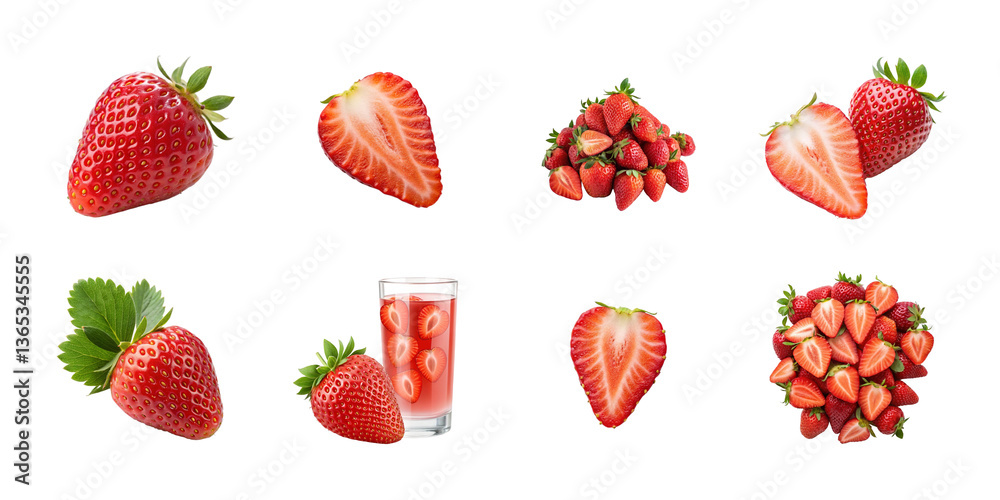 Strawberry set. Ripe fresh red strawberry isolated on transparent background. Summer delicious sweet strawberry organic fruit, food, diet, vitamins, creative layout. Food advertising Strawberry set. Ripe fresh red strawberry isolated on transparent background. Summer delicious sweet strawberry organic fruit, food, diet, vitamins, creative layout. Food advertising