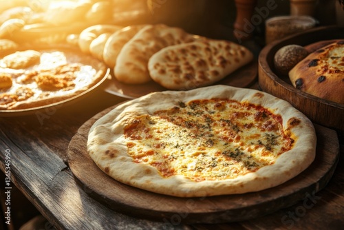delicious flatbread, a colorful array of various Arabic breads and pizza on a wooden table in an old Middle Eastern kitchen