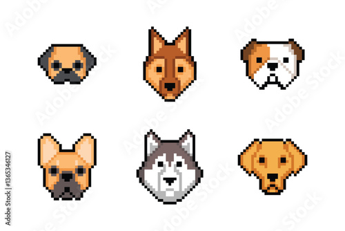 Pixel Art Dog Head Isolated Set Collection	
