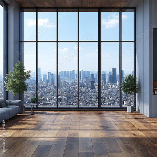 Modern apartment interior with panoramic city view