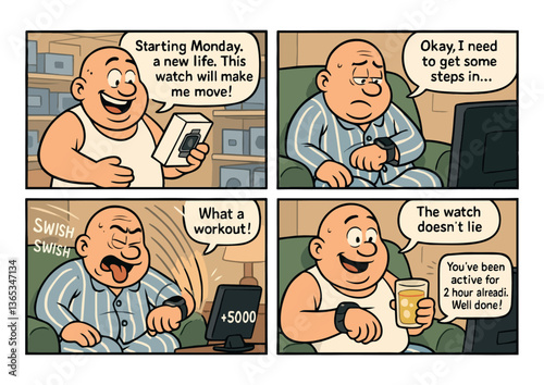 Cartoon man in pajamas celebrates step count while lounging all day. Fitness watch rewards stillness, turning motivation into ironic take on health goals. Wellness tech and intention vs action concept