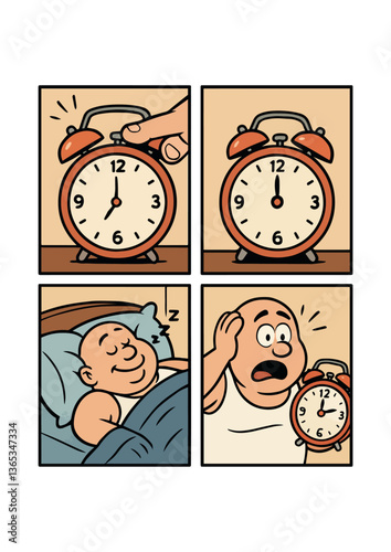 Cartoon man snoozes peacefully in bed, loud alarm blares in background. Alarm interrupts calm, sparks panic, and adds humor to daily morning struggle. Comic morning struggle and sleep routine concept