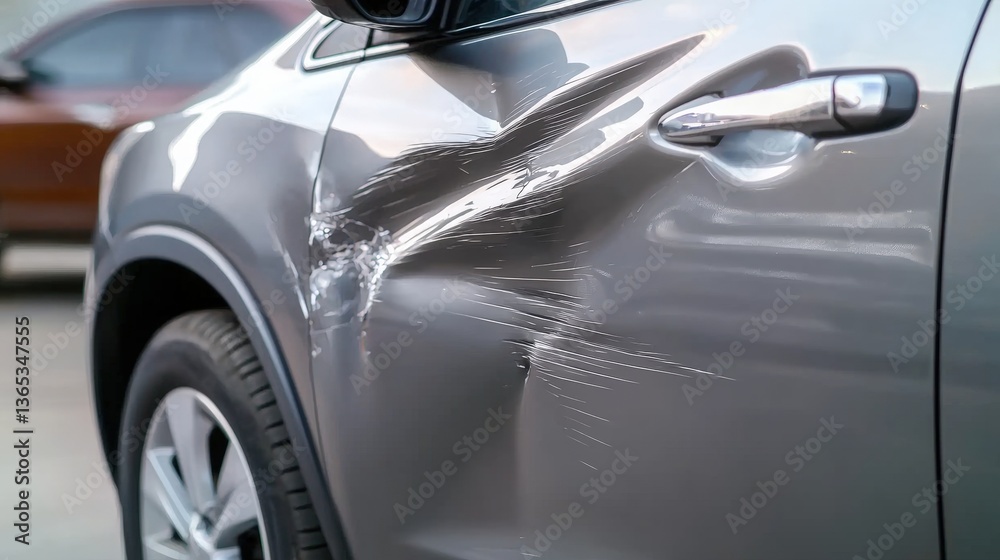 Naklejka premium Damaged Car Door, gray car scratched in traffic accident