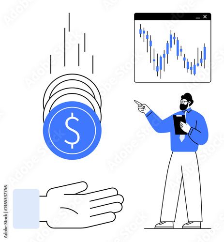 Financial analyst pointing at chart on screen while coins drop into an open hand. Ideal for finance, investment, business growth, economics, strategy, financial planning, and decision-making. Clean