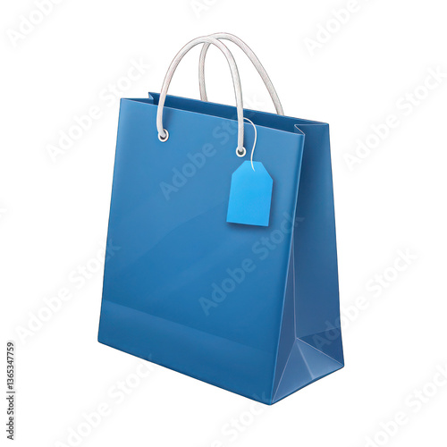 Blue shopping bag, white handles, gift tag, minimalist design,   isolated on transparent background