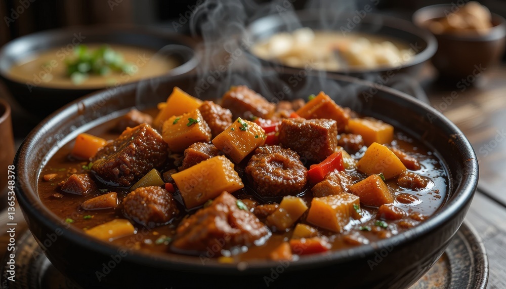 A bowl of thick stew with cut vegetables A bowl of thick stew with cut vegetables