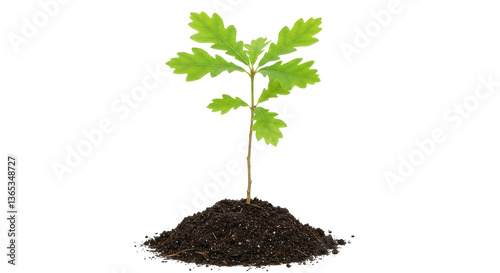 Isolated Small Oak Tree Growing in Mound of Soil