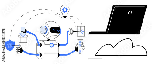 Robot multitasks with shield, package, lightbulb, snowflake, and test tube beside laptop and cloud. Ideal for technology, innovation, automation AI cloud computing research protection. Flat
