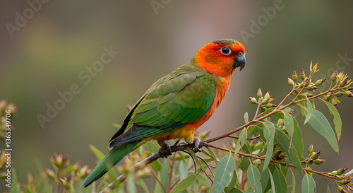 Vibrant orange-bellied parrot perched gracefully on eucalyptus branch photo