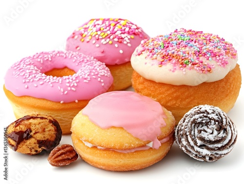 Wallpaper Mural Delicious assorted donuts with sprinkles and creamy icing are displayed with assorted pastries on a white background. Torontodigital.ca