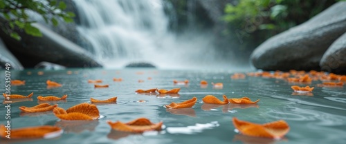 Serene Waterfall Scene With Orange Petals Floating Gently.