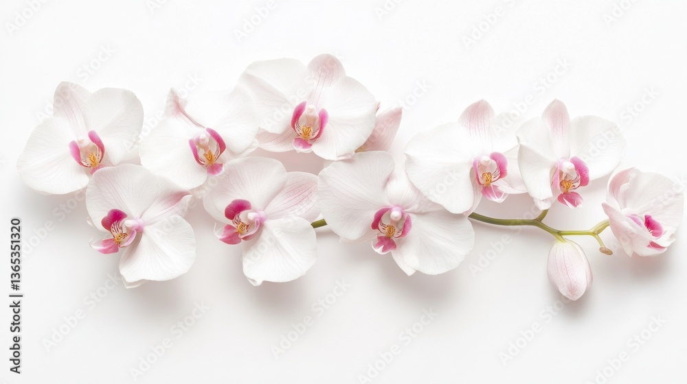 A delicate white orchid with subtle pink hues, resting gracefully on a white background, symbolizing elegance and prosperity A delicate white orchid with subtle pink hues, resting gracefully on a white background, symbolizing elegance and prosperity