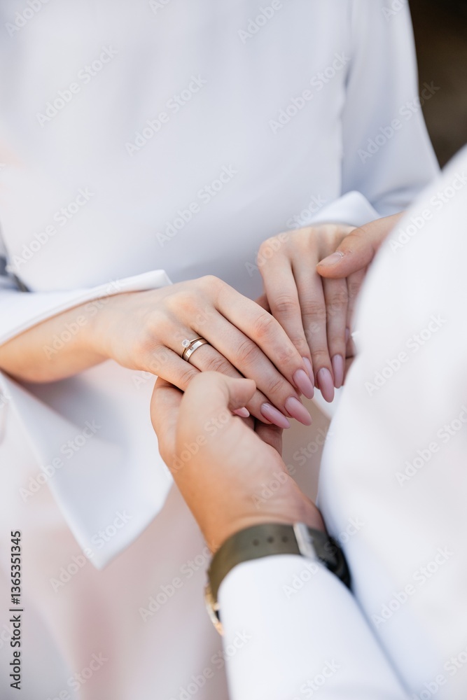 A guy puts a diamond engagement ring on his girlfriend's finger, close-up photo. An offer of a hand and a heart. Wedding ring A guy puts a diamond engagement ring on his girlfriend's finger, close-up photo. An offer of a hand and a heart. Wedding ring
