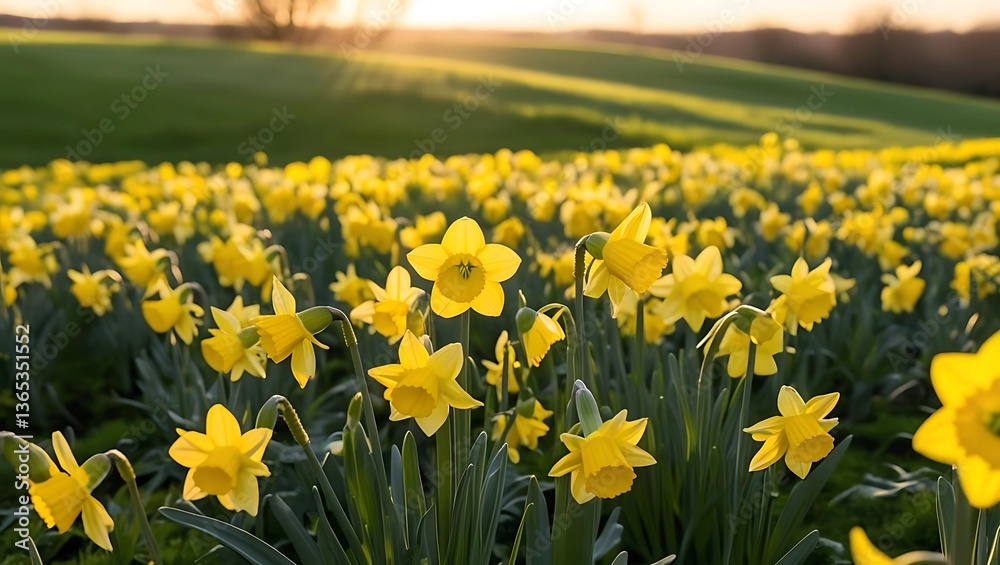 Fototapeta premium yellow flowers in a meadow with warm sunlight at dusk