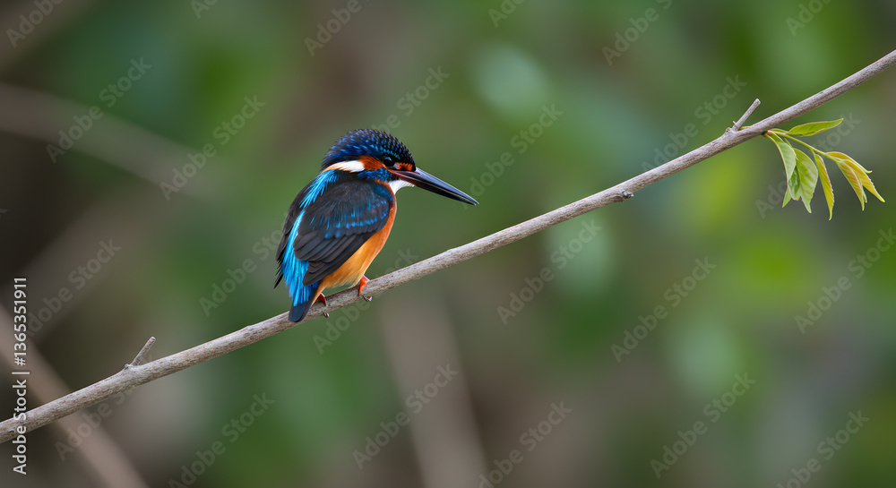 Fototapeta premium Vibrant oriental dwarf kingfisher perched delicately on a slender branch
