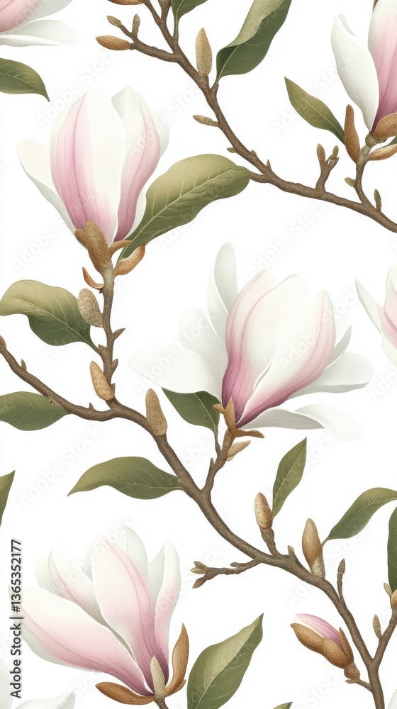 Naklejka premium Vintage magnolia flowers and leaves, seamless pattern on a white background, vector illustration