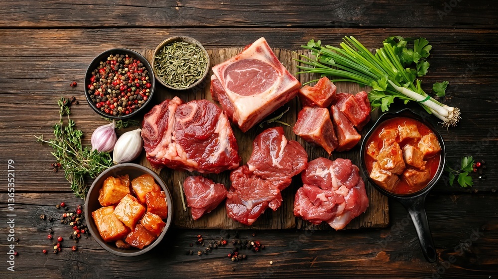 Different Cuts of Beef Displayed on a Wooden Board with Herbs and Spices Different Cuts of Beef Displayed on a Wooden Board with Herbs and Spices