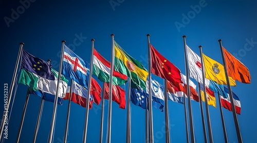 International flags waving against a clear blue sky (1)