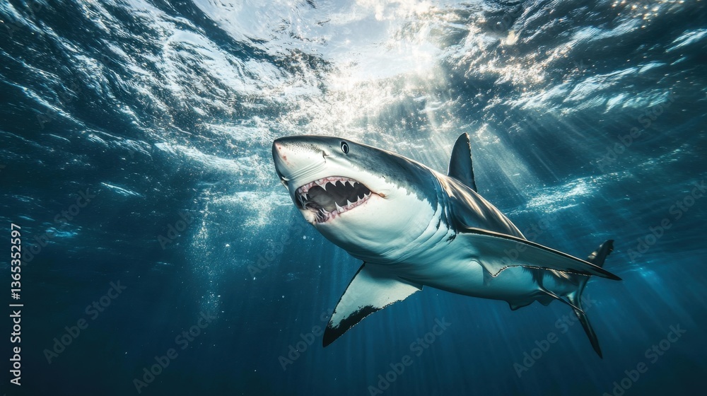 Fototapeta premium A dramatic underwater shot of a shark lunging forward, its jaws wide open and teeth glistening in the ocean light