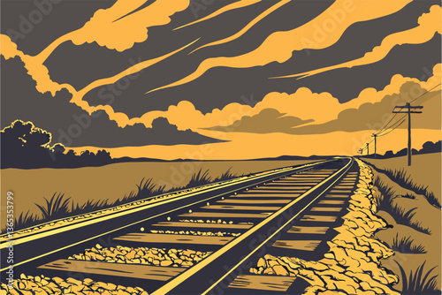 Railway track at sunset in retro style. Vector illustration