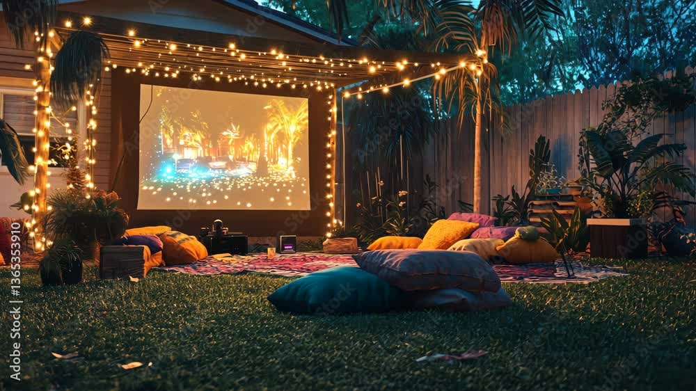 A sparkling backyard movie setup with a projector, beanbags, and string lights