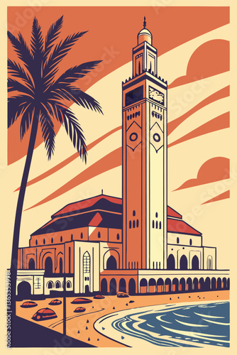 Casablanca, Morocco. Feature the iconic Hassan II Mosque