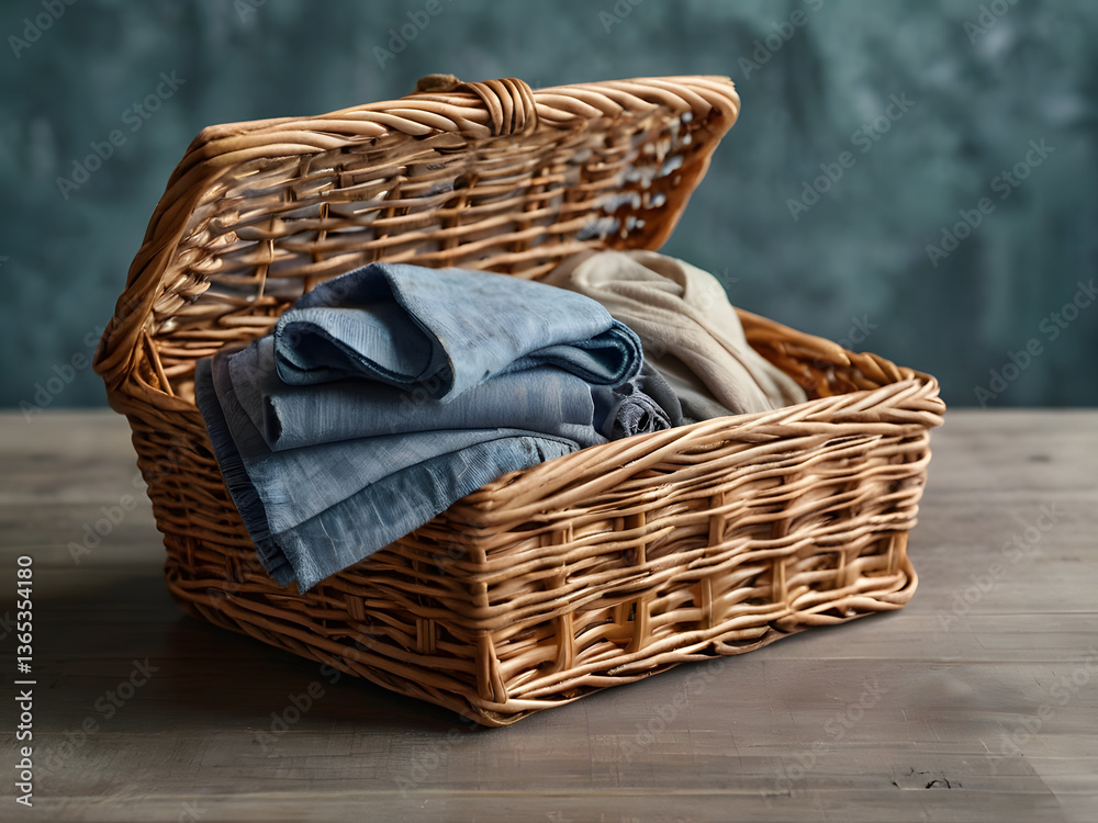 Obraz premium Rustic Comfort: A meticulously crafted wicker basket, filled with soft, folded textiles, sits atop a wooden surface, creating a scene of warm domesticity.