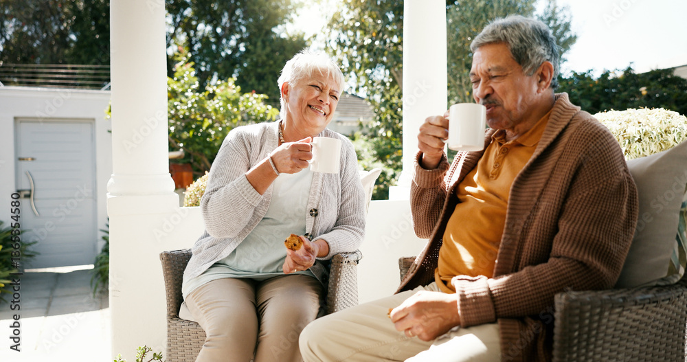 Fototapeta premium Outdoor, old couple and breakfast with tea for love, bonding and biscuits while talking in retirement. Porch, woman and man with happiness for relationship, eating and cookies with coffee in morning