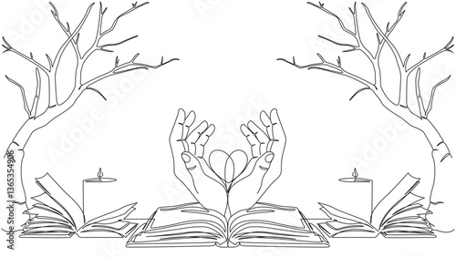 Monochrome outline drawing symbolizing growth, knowledge, and nurturing love. eps 10