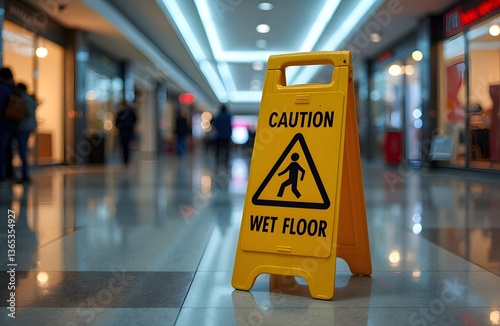 A Caution Wet Floor sign slightly tilted in an empty shopping mall at night