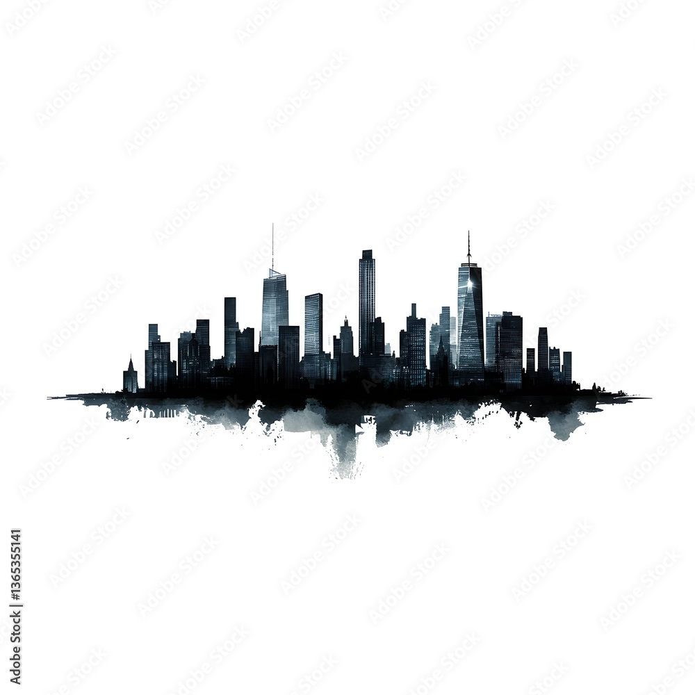 Obraz premium A stylized cityscape skyline silhouette illustration in grayscale depicts a modern citys dramatic architecture against a white background.