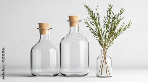 Three glass bottles with cork stoppers and a small vase of green plants.