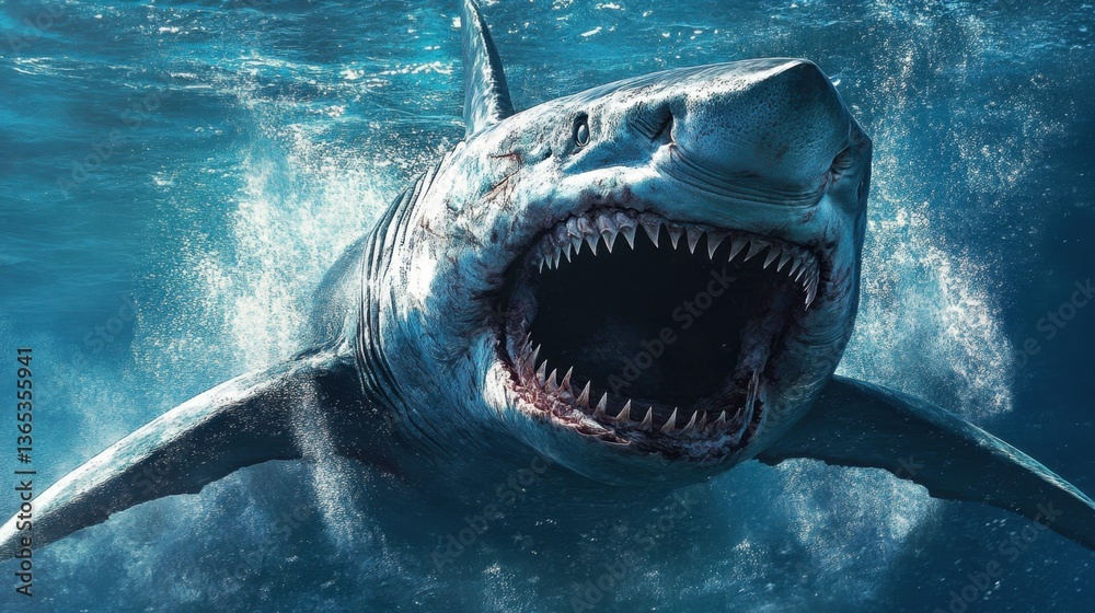 Obraz premium A large shark lunges forward, its mouth wide open and teeth exposed in a fearsome underwater scene