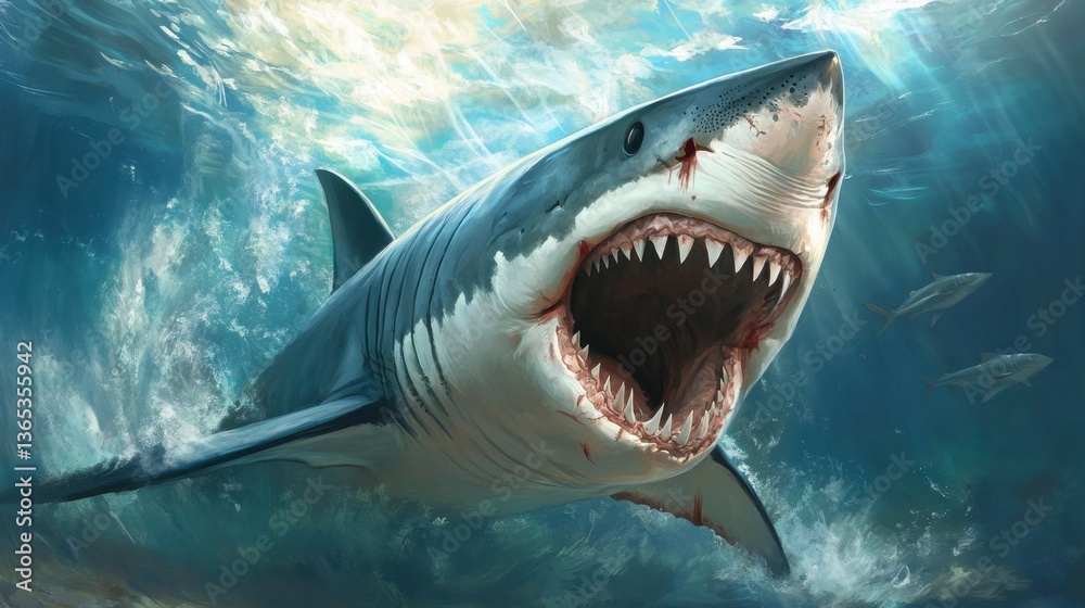 Naklejka premium A large shark lunges forward, its mouth wide open and teeth exposed in a fearsome underwater scene