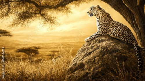 A leopard sits gracefully on a weathered boulder, basking in the soft golden hues of the African savanna
