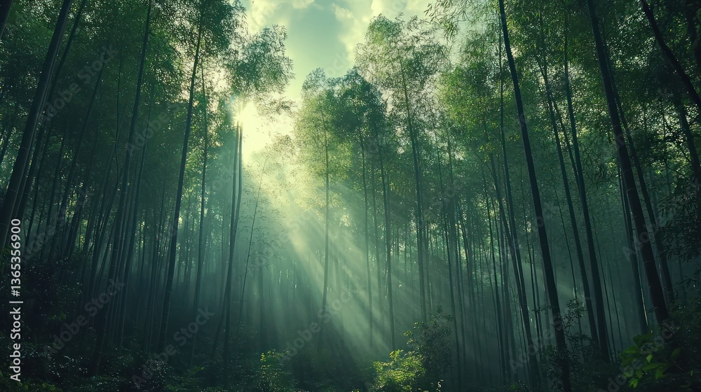 Obraz premium Sunlight streams through misty bamboo forest
