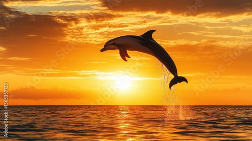 A lone dolphin jumps in front of a dramatic sunset, its body perfectly outlined against the fiery sky