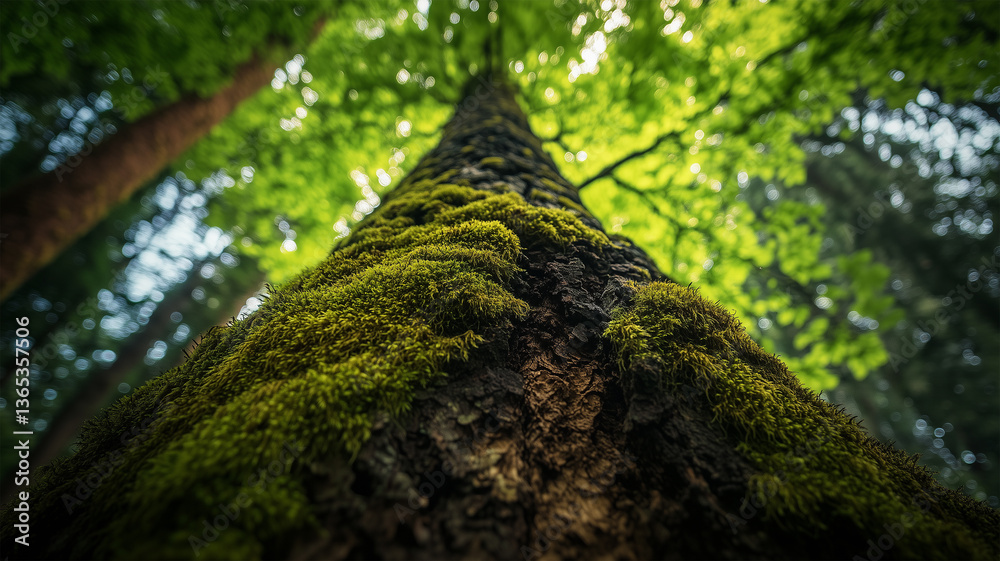 苔に覆われた幹を見上げて捉える森の奥行きと命の連なり 苔に覆われた幹を見上げて捉える森の奥行きと命の連なり