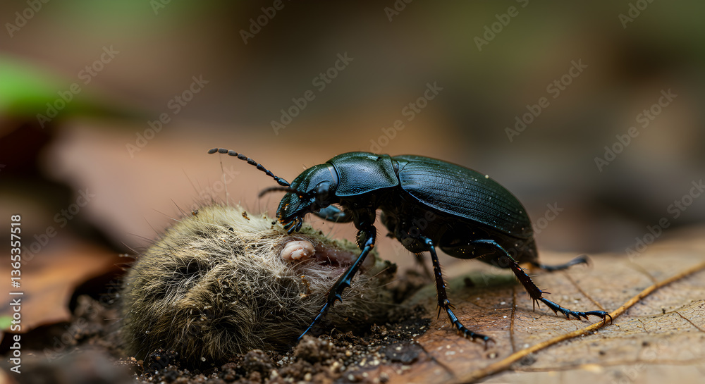 A Burying Beetle feasting a Rodent Carcass decomposing in woodland setting A Burying Beetle feasting a Rodent Carcass decomposing in woodland setting