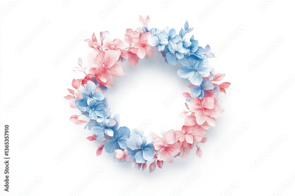 A beautiful floral wreath featuring pink and blue flowers, arranged gracefully against a white background. A beautiful floral wreath featuring pink and blue flowers, arranged gracefully against a white background.