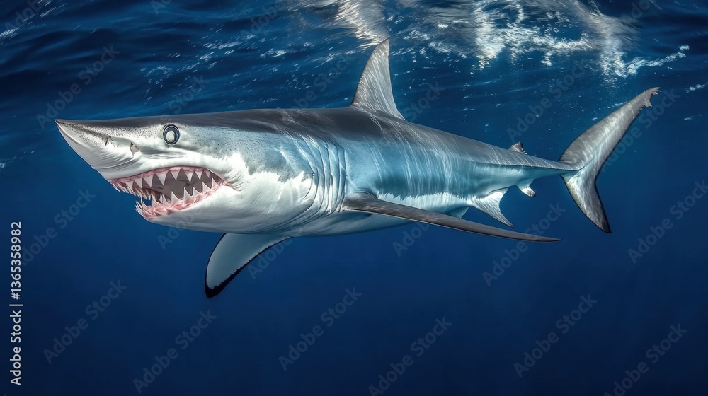 Fototapeta premium A mako shark flashes its deadly teeth as it opens its mouth wide, surrounded by deep blue ocean currents