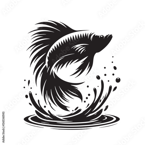 Leaping Betta Fish: An Exquisite Black and White Aquatic Illustration