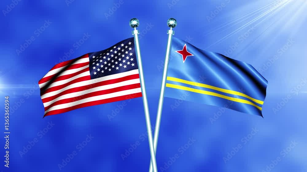 USA and Aruba Flag Waving On Pole Seamless Loop