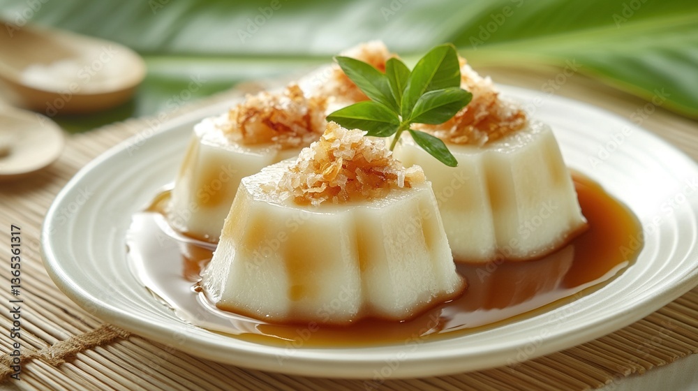 Three creamy white puddings topped with shredded coconut and drizzled with brown sauce on a white plate. Three creamy white puddings topped with shredded coconut and drizzled with brown sauce on a white plate.
