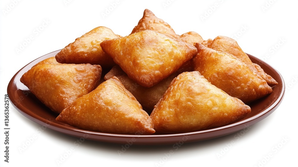 Golden-brown, triangular fried pastries on a plate. Golden-brown, triangular fried pastries on a plate.