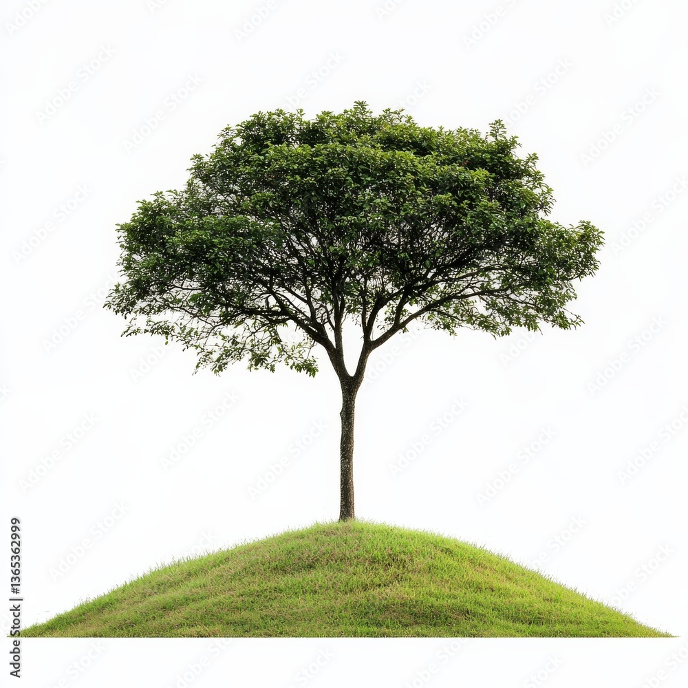 Fototapeta premium Lone Tree on Grassy Mound: A Serene Landscape of Green and Brown Against a Clear White Background