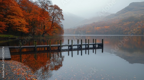 Autumnal Lakeside Pier in Misty Mountains