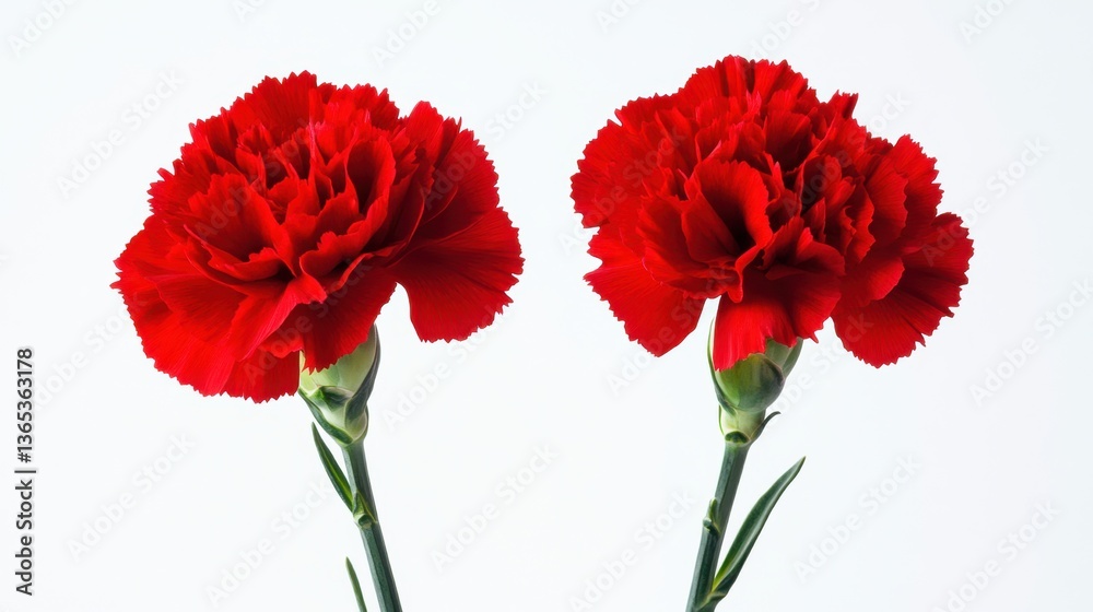 A pair of red carnations with delicate petals, beautifully displayed on a white background, symbolizing love and good fortune A pair of red carnations with delicate petals, beautifully displayed on a white background, symbolizing love and good fortune
