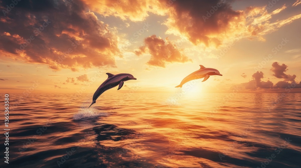 Naklejka premium A perfect golden sunset serves as a backdrop for playful dolphins leaping gracefully through the calm sea
